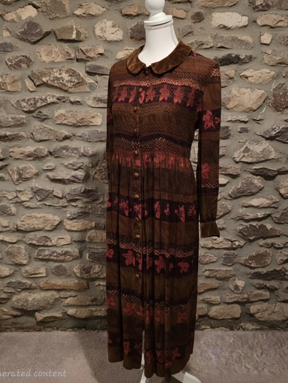 Vintage 90s Karin Stevens Maxi Dress Women 10 Autumn Velvet Collar Button Front.